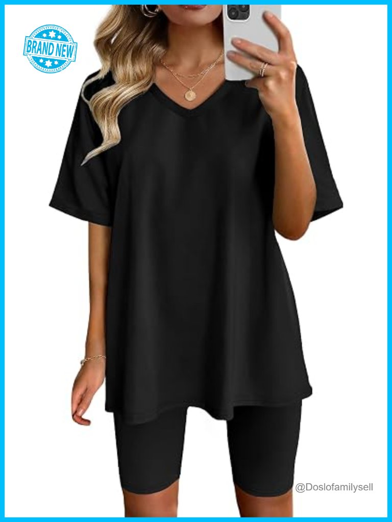 Two Piece Outfits V Neck T Shirt Tops Biker Shorts Workout Sports Tracksuit